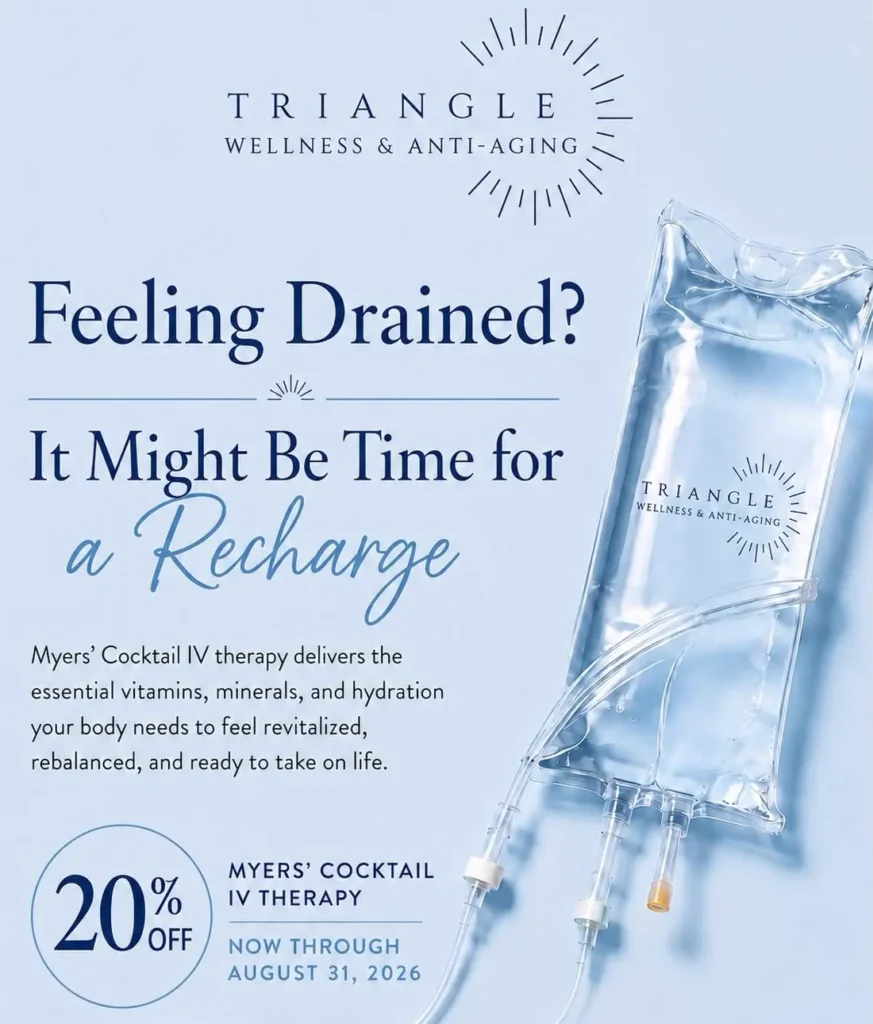 Triangle Wellness & Anti-Aging August 2026 special promoting 20% off Myers’ Cocktail IV therapy through August 31, 2026, featuring an IV hydration bag and wellness messaging.